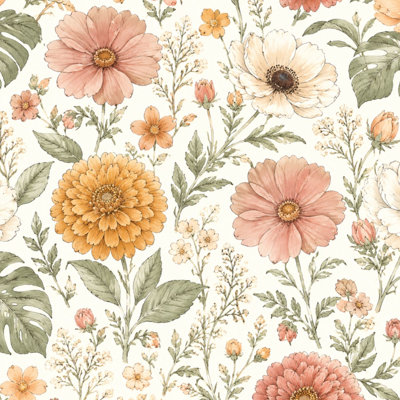 Papier peint autocollant à motif floral rose, pêche, jaune, feuilles vertes, feuilles de papier peint autocollant amovible