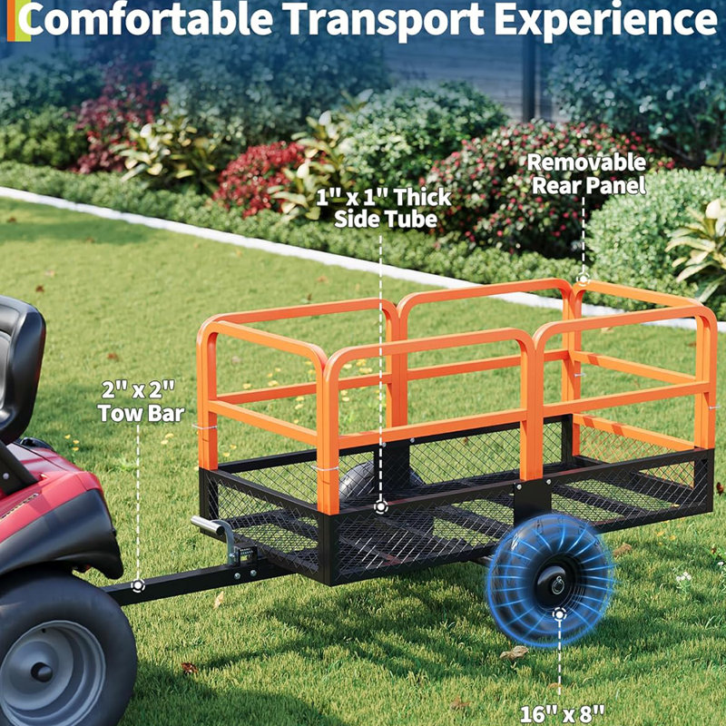 Chariot à benne de jardin robuste, chariot de remorquage en acier de 22 pieds cubes avec 2 roues, Orange