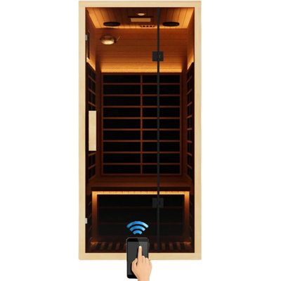 Low EMF Far Infrared Sauna for 1 Person, Canadian Hemlock Wood Sauna Room with Tempered Glass Door, WiFi Control, 110V, 7 Infrared Heaters, 1850W, Reading & 7-Color Starry Light, Oxygen Bar, Speaker