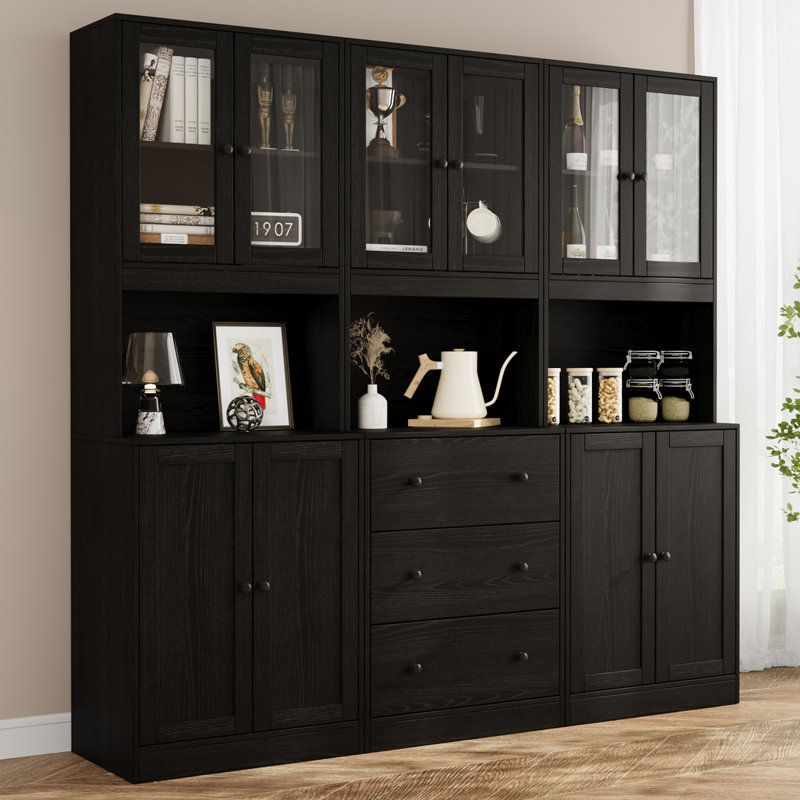 Book Cabinet Storage Bookcase, 5-Tier Modern Bookshelves With 3 Large Drawer And Glass Door(A+2B), Black