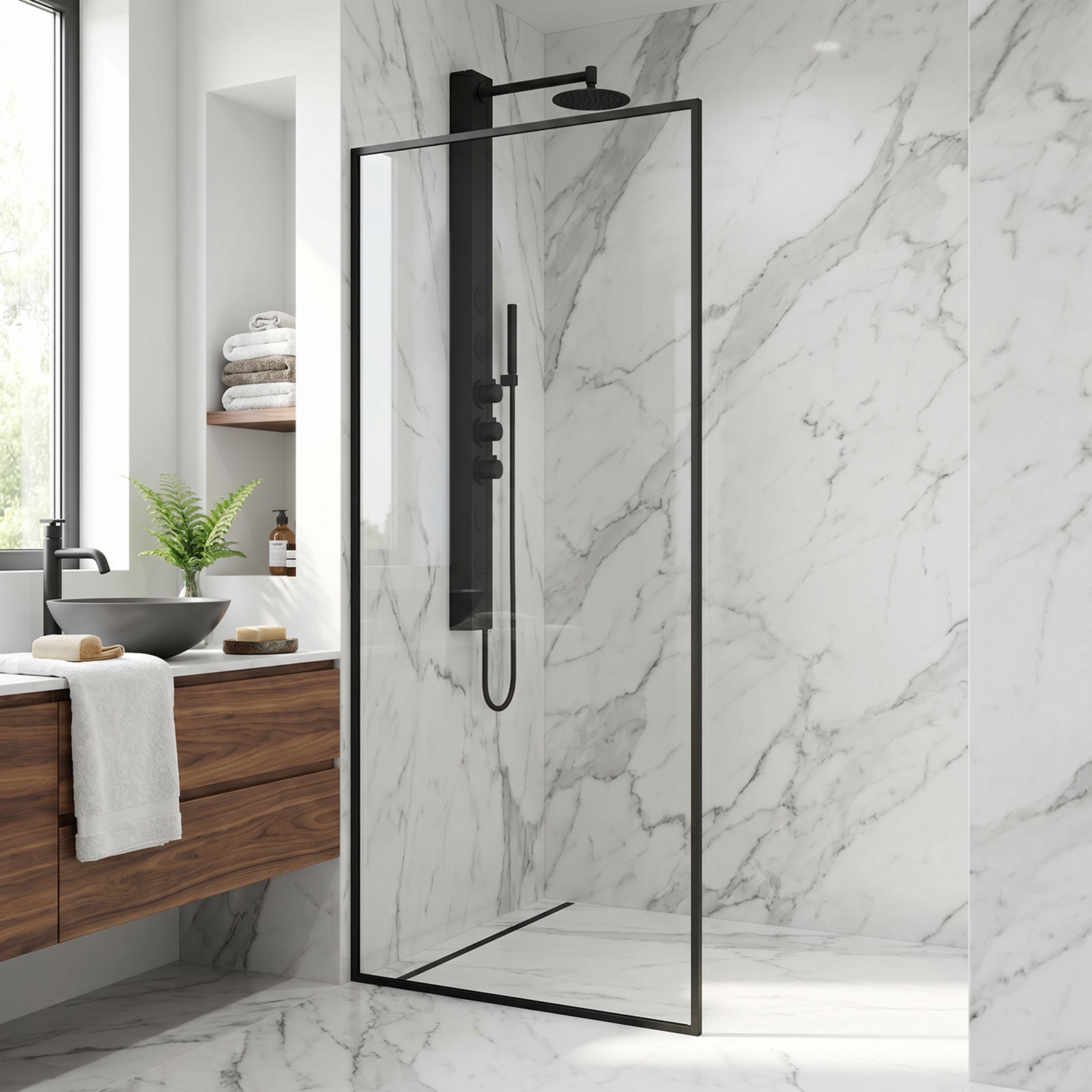 Meridian Framed Fixed Shower Screen, Matte Black Clear