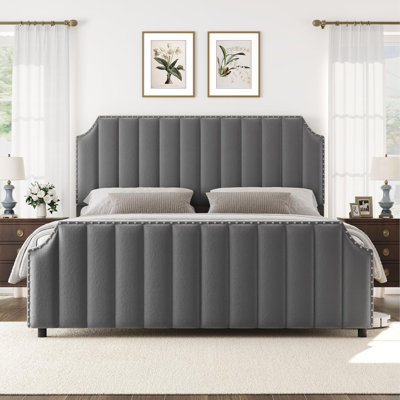 King/QUEEN Size Velvet Bed Frame, 50.2 in Tall Headboard & Footboard, Upholstered Platform King Bed Frame with Nailhead Trim