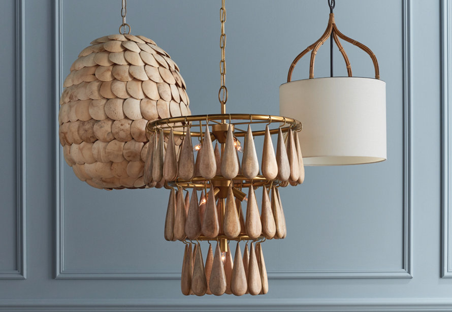 Three chandeliers with unique designs.