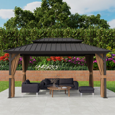 12 x 16 ft Hardtop Gazebo, Outdoor Aluminum Frame Galvanized Steel Double Roof Pavilion With Netting And Shaded Curtains, Permanent Metal Pergolas For Patio, Backyard, Deck And Lawns.
