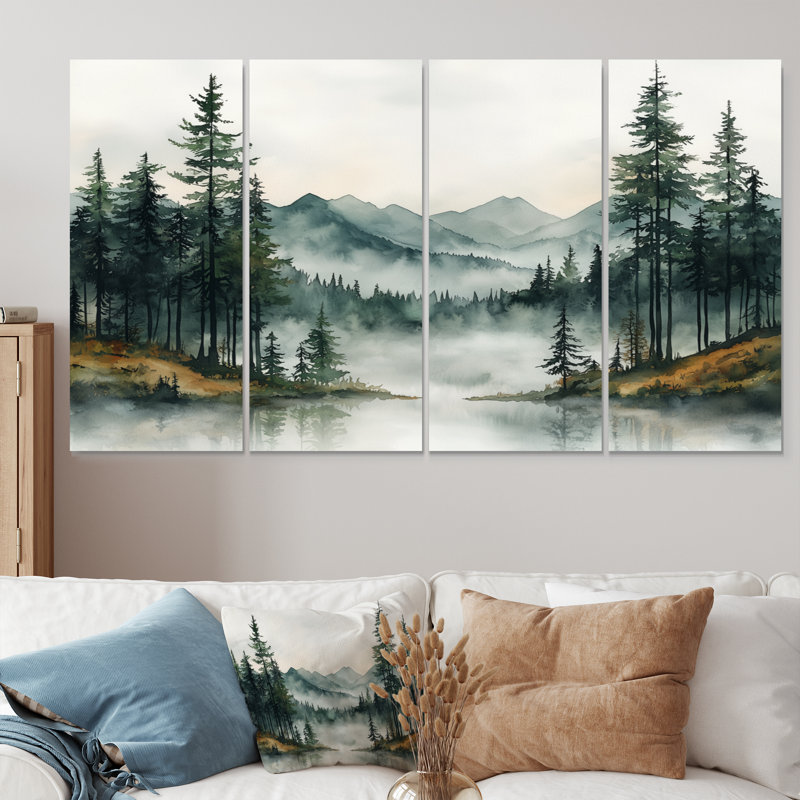 «Green Pine Trees Mist Morning I», ensemble de reproduction d'art sur pin, H 28 po x l 48 po