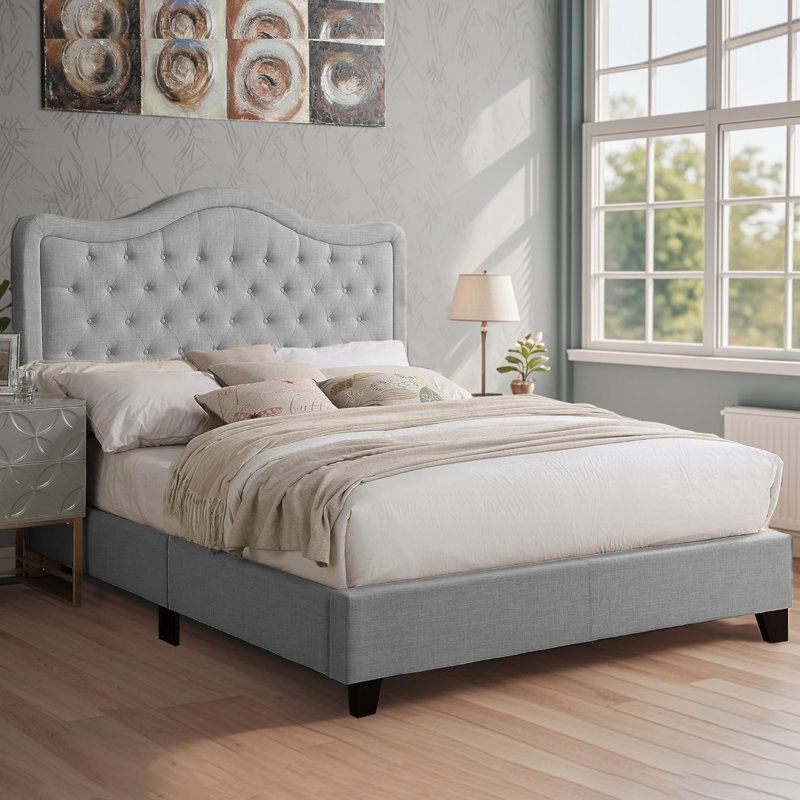 Fabric Upholstered Bed Frame with Adjustable Headboar,Wood Slat Support, Button Tufted Platform Bed, Gray, Full / Double