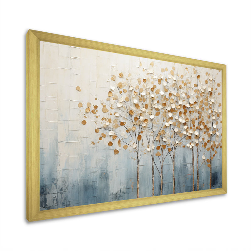 Harmonie d'arbres dorés et bleus V - Arbres, reproductions encadrées, H 34 po x l 44 po x P 1,5 po, Cadre doré simple