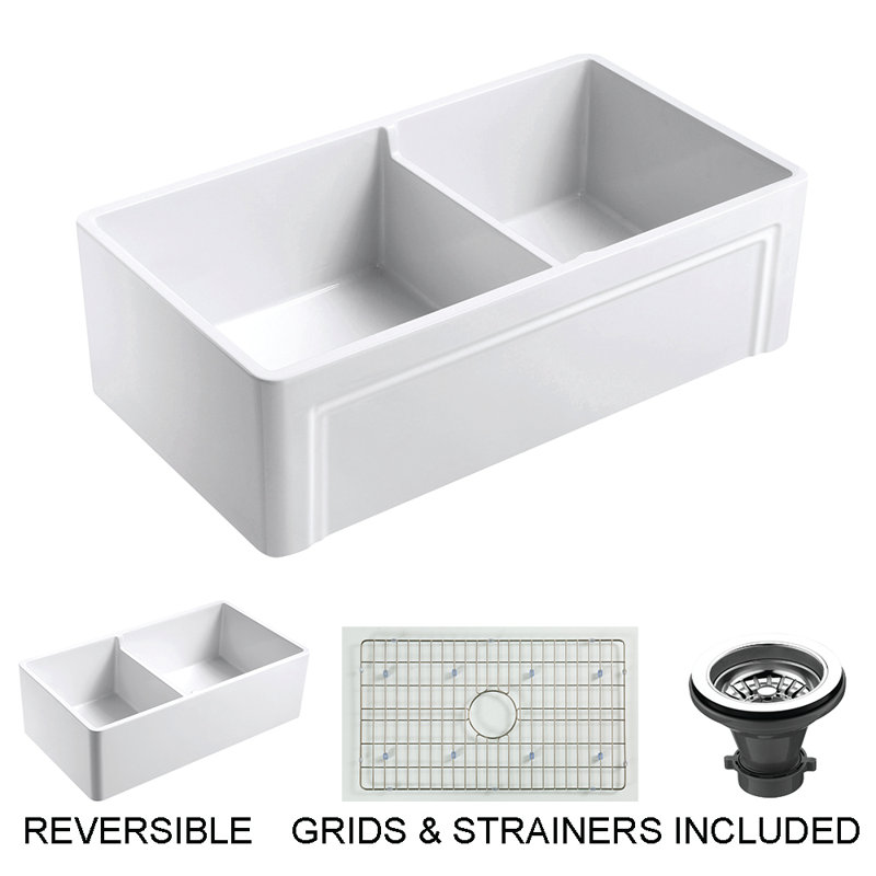 Floretta 33" L x 18" W Double Basin Farmhouse Kitchen Sink With Grid and Strainer