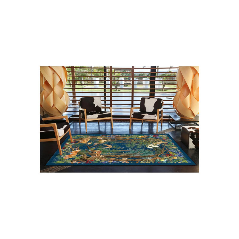 Tapis décoratif bleu à motif géométrique et botanique, Rectangle 5 pi 2 po x 7 pi 7 po