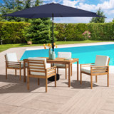Arjay 6 Pc Patio Dining Set Wood One 63" Table 4 Chairs With Cushions And 1 10-Foot Tilt Umbrella