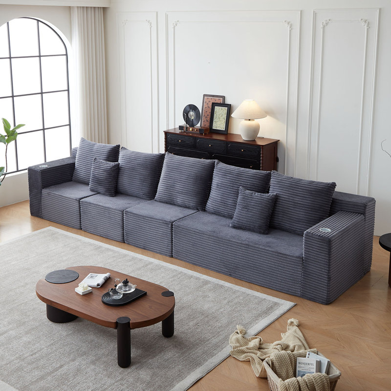 Canapé modulaire profond en velours côtelé avec porte-gobelets, aucun assemblage requis, Gris foncé