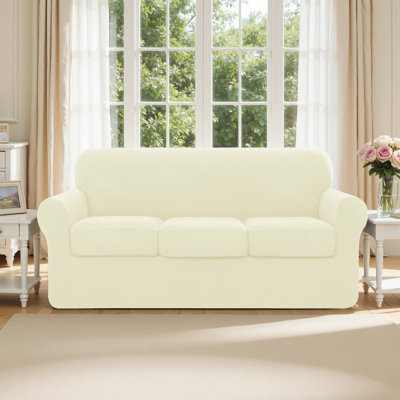 4 Piece Stretch Jacquard Couch Cover, Sofa Slipcover for 3 Cushion Couch, Machine Washable Furniture Protector(Sofa, Ivory)
