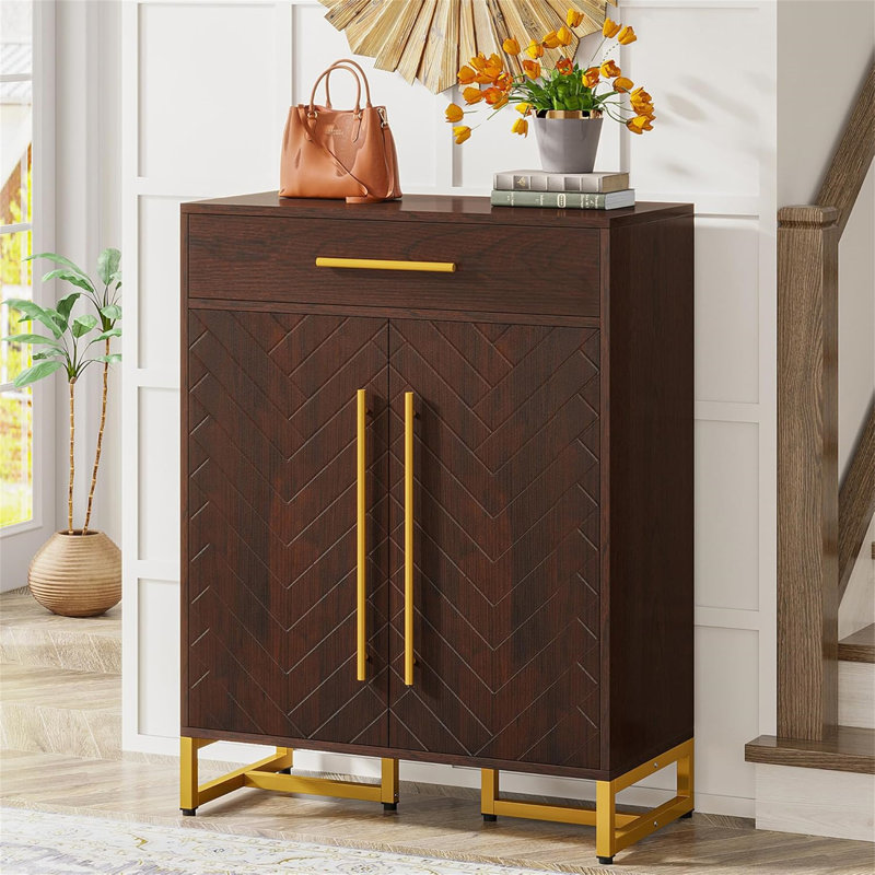 31.5 Inches Walnut & Gold Wooden Shoe Storage Cabinet With Doors