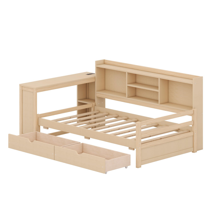 Structure de lit d'angle multifonctionnelle avec tablettes intégrées et prise de courant, Naturel
