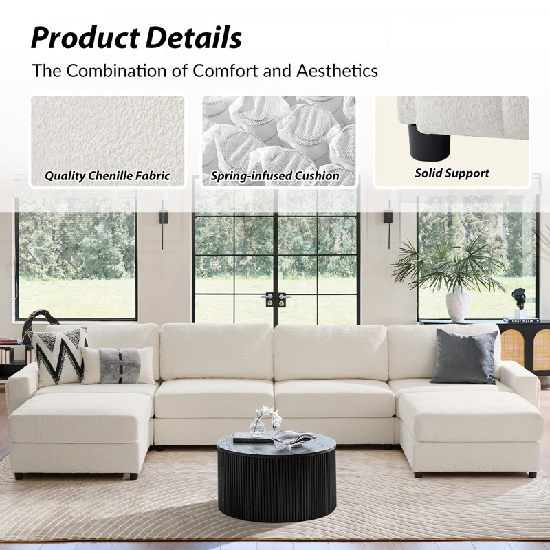 Grandon 162" Modern 6-Piece Modular Sectional Sofa with Two Ottomans, Ivory Polyester