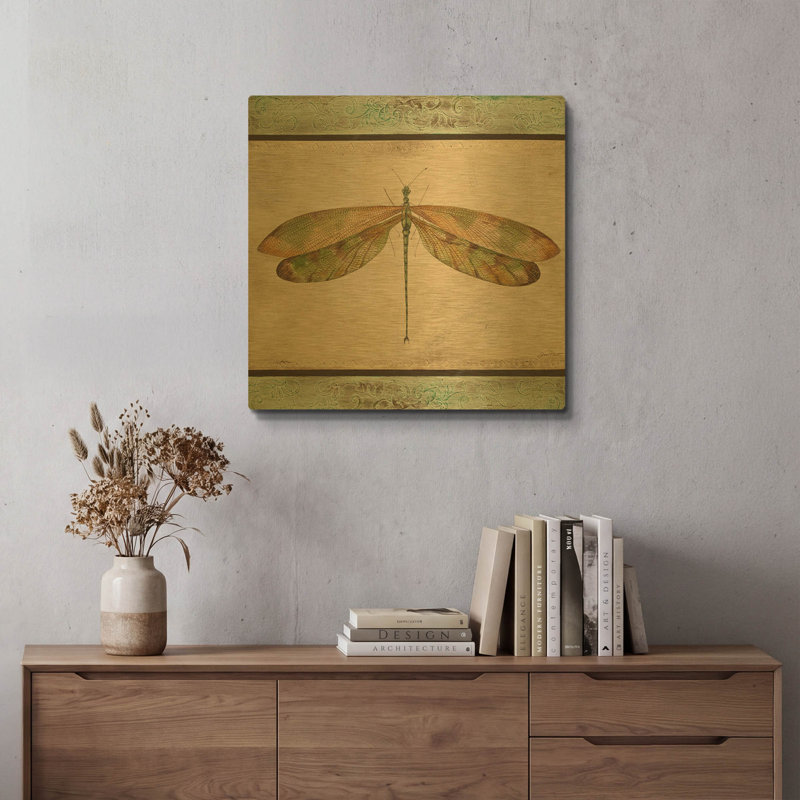 «Dragonfly Tapisserie» par Jean Plout, art mural en métal doré, 24 po x 24 po, 24"x24"