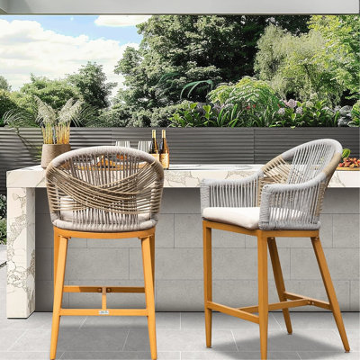 2 tabourets de bar avec accoudoirs et corde d'extérieur à hauteur de comptoir, coussins conçus pour le jardin en aluminium, la piscine, le patio, la cuisine et les chaises kaki
