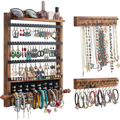 Organisateur de bijoux mural, organisateur de bijoux suspendu 3 pièces, porte-bijoux en bois, brun