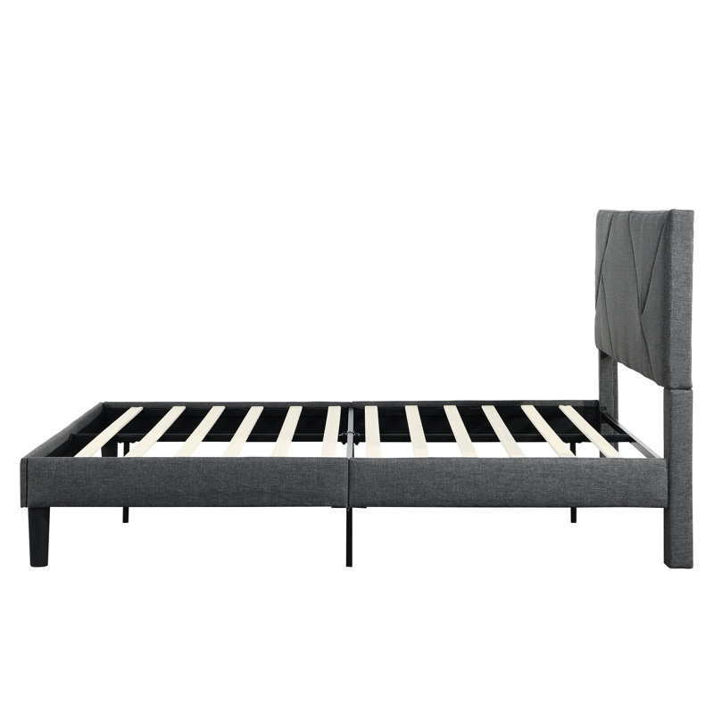 Structure de lit double rembourrée grise avec tête de lit, base de matelas, lattes en bois massif, sans sommier, assemblage facile, structure de tête de lit avec capacité de poids de 500 lb, gris fondation, ressort