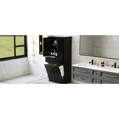 Bathroom Storage Cabinet - Black With 2 Laundry & Modern Design Painted Adjustable Shelf