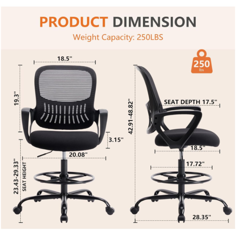 Chaise de travail ergonomique en maillage, Noir foncé