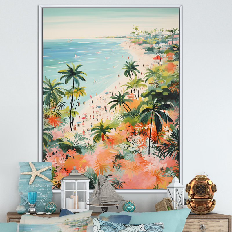 Scène de plage côtière pastel III - art mural de plage côtière pour le salon, Cadre flottant blanc, 32" H x 16" W