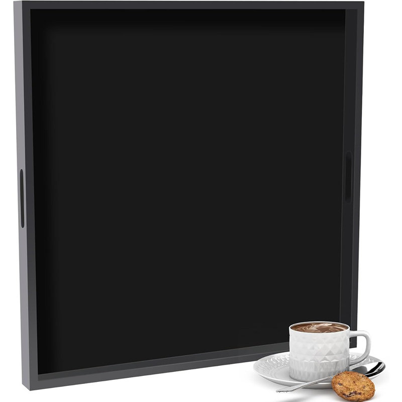 Square Large Ottoman Tray, Wood Serving Tray With Handle, Modern Extra Large Black Decorative Trays For Living Room Coffee Table Home