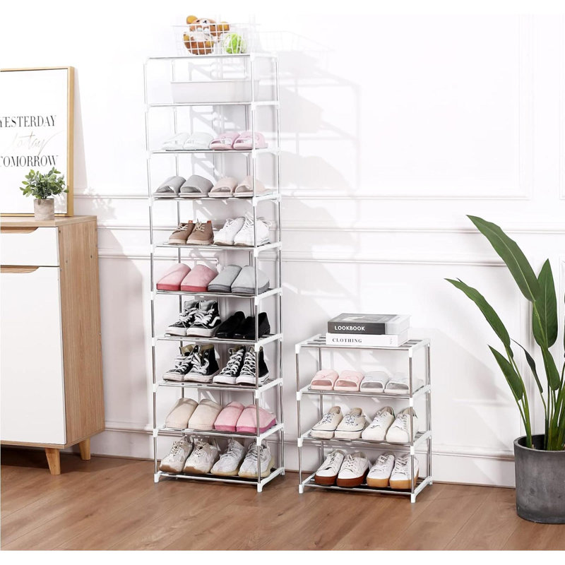 White and Silver Stackable 4-Tier Metal Shoe Rack