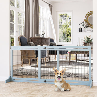 Freestanding Pet Gate - 72" W X 27.33" H, Blue-Grey, Adjustable Length For Pets, Wood & Steel, Blocks Entries, Easy Setup, Suitable Small Medium Animals Gate, Segregation, House, Doorway, Hallway,