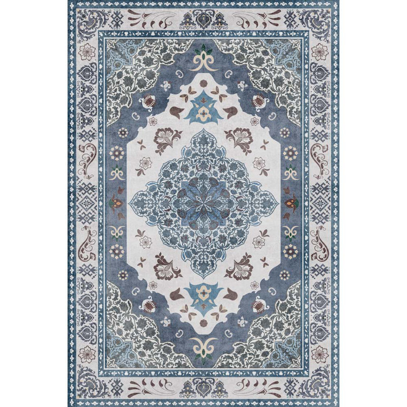 Machine Washable Indoor&Outdoor Area Rug Non-Slip Backing Blue Vintage Low Pile Rug for Living Room Bedroom Dorm Hotel