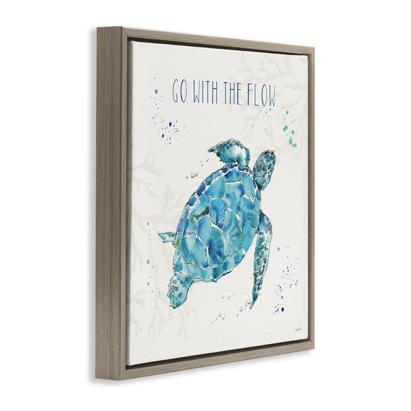 «Go with the Flow Turtle Tortoise», art mural encadré par Anne Tavoletti, H 25 po x l 25 po, Cadre flottant orme Montalcino