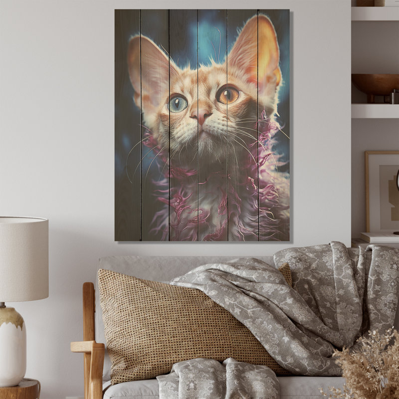 Devon Rex Dream Cat I - art mural en bois sur bois de pin naturel, H 32 po x l 24 po