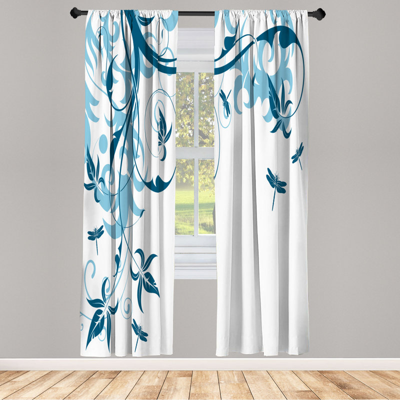 Microfiber Floral Semi-Sheer Rod Pocket Curtain Panels, 28" W x 84" L, Dark Blue/White
