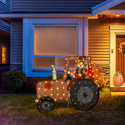 44"L Fall 2D Lighted  Scarecrow on Tractor Outdoor Décor with 100 warm White LED Lights  (KD)