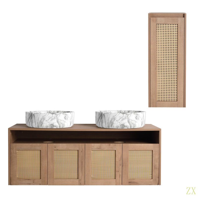 Meuble-lavabo 48 po avec lavabo d'art 2 en céramique et armoire latérale, 4 portes à fermeture en douceur, montage flottant, contreplaqué (emballage KD)
