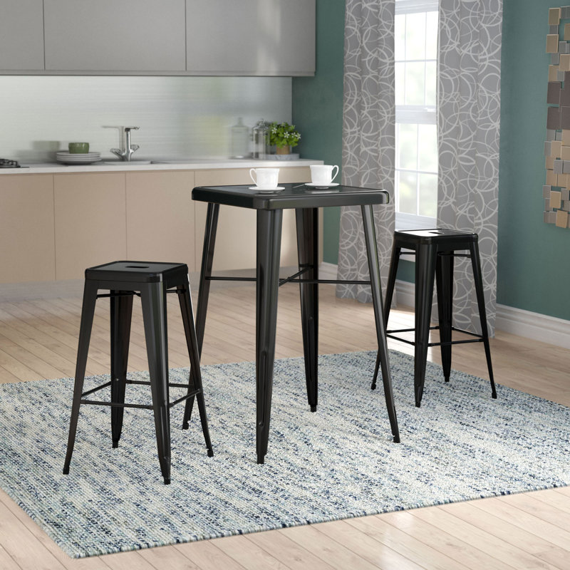Gyeong 23.75'' Square Metal Indoor-Outdoor Bar Table Set with 2 Square Seat Stools, Black