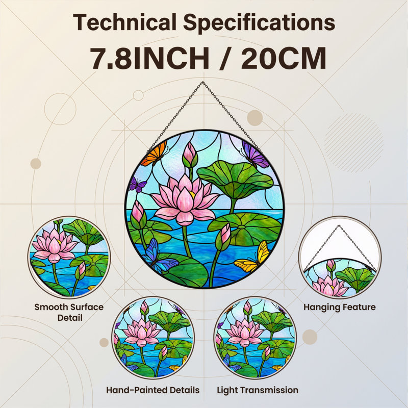 7.8"H Lotus Butterflies Stained Glass Window Panel, 7.8" H x 7.8" W