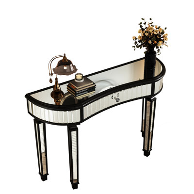 47" Semicircular Mirrored Desk With Fluted Glass And Crystal - Handled Drawer, Perfect For Tight Spaces In Bedroom Or Foyer, Legs Half Moon Vanity Table Accented Drawer Panels, Suitable Primary