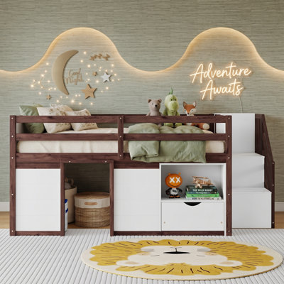 Full Low Loft Bed with Built-In Stairs, Storage Drawer and Shelf, Solid Pine Wood Kids Bed Frame with LED Lights