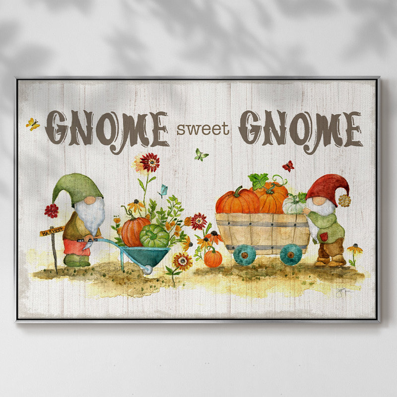 Gnome Sweet Gnome, reproduction d'art sur toile encadrée, H 17 po x l 25 po x P 2 po, Toile argentée avec cadre flottant
