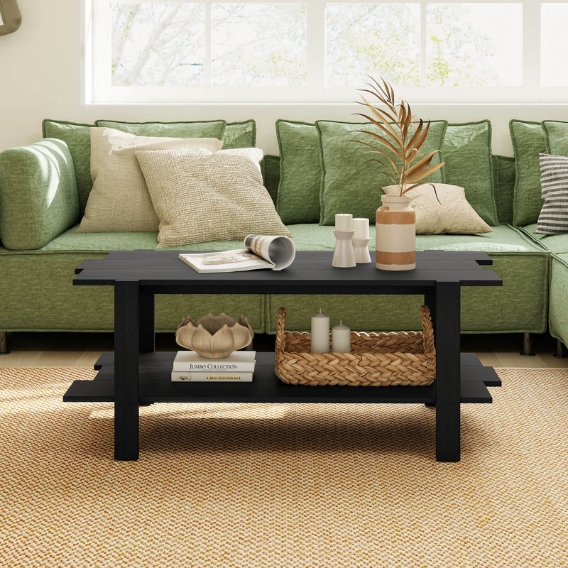 Table basse irrégulière à 2 niveaux avec tablette de rangement ouverte, Noir