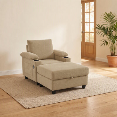 Upholstered Chaise Lounge with Ottoman, Adjustable Backrest Lounge Chair with USB-C Ports