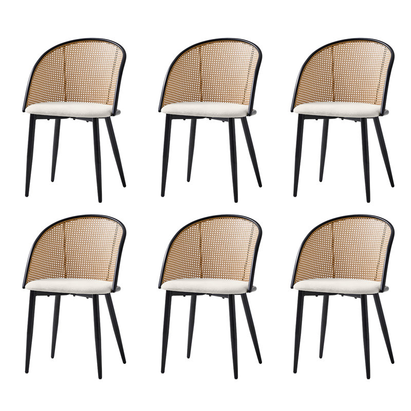 Mid-Century Modern Dinning Chair with Rattan Hollow Backrest, 6, White