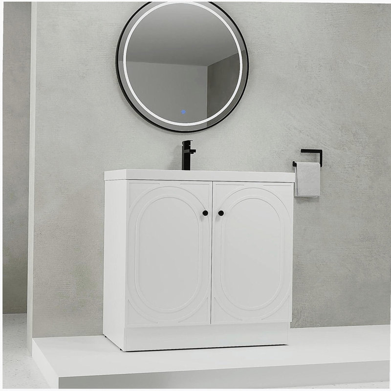 Meuble-lavabo autoportant 24 po avec lavabo en résine blanche et 2 portes d'armoire à fermeture en douceur, Blanc, 24"