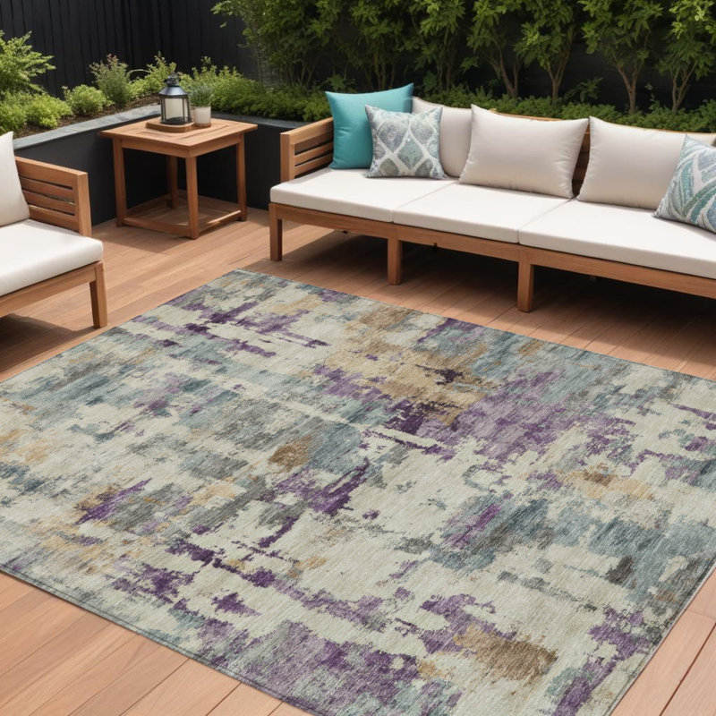 Tapis intérieur lavable abstrait 8 pi x 10 pi en lin mauve et doré