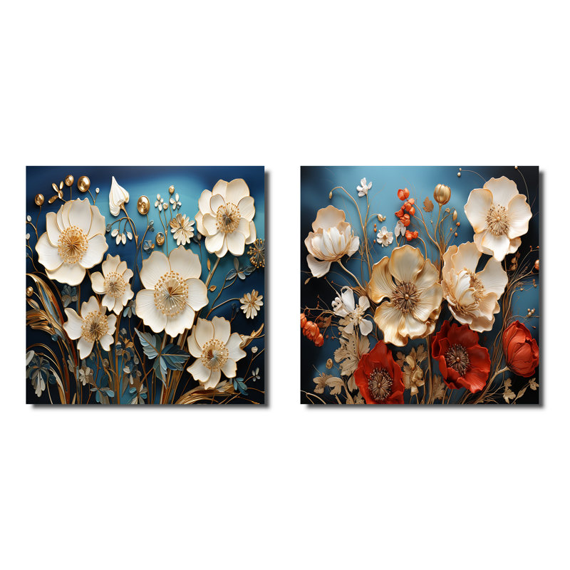 Souvenirs de coquelicots Souvenirs de fleurs - Ensemble de 2 collages floraux carrés, Toile tendue, H 16 po x l 33 po