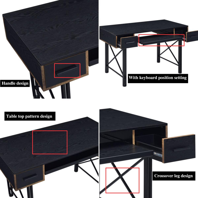 Modern Computer Desk with Distressed Casegood & Black Metal Frame, Double Pedestal Base & X-Shaped Support for Home Office