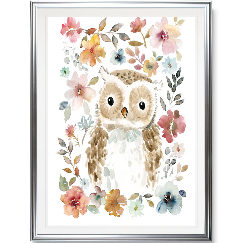 Fleurs et amis chouette - reproduction sur toile, H 30 po x l 22 po x P 1,5 po, Cadre argenté