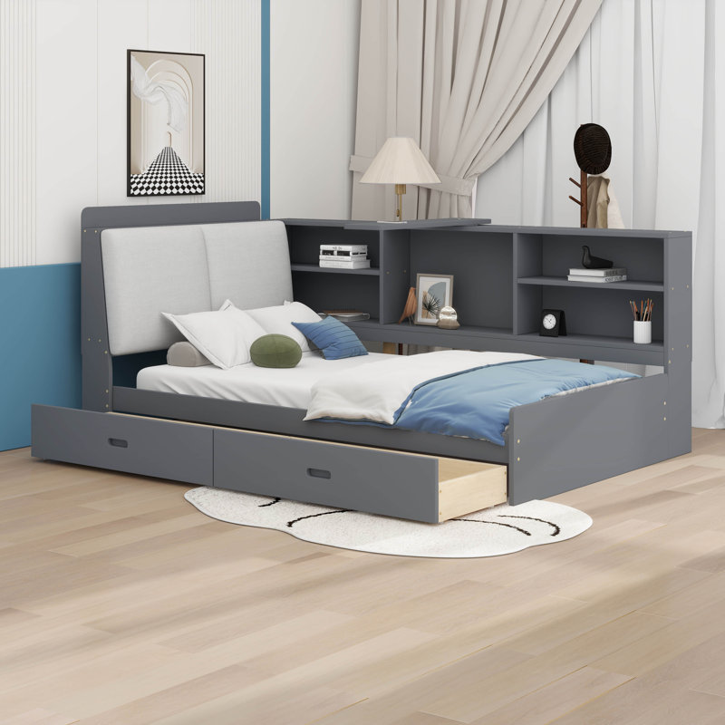 Structure de lit simple avec 2 tiroirs, Gris