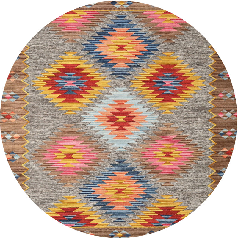 Tapis gris / orange / jaune Southwestern, Rond 8 pi